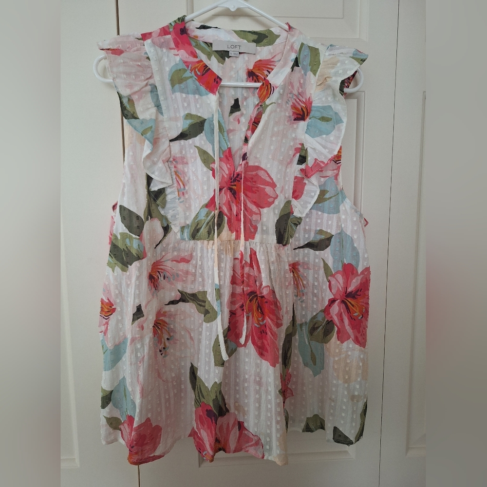LOFT Pink Floral Ruffle Blouse